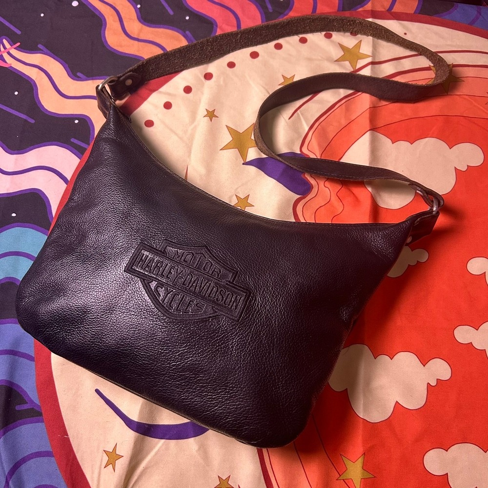Harley Davidson Black Pebbled Leather Hobo Shoulder Bag Embroidered Logo Purse